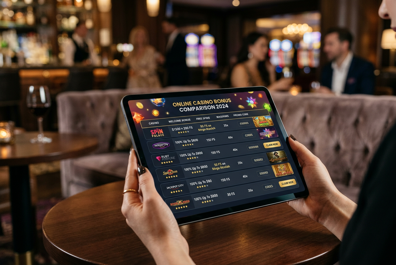 A digital ranking of casino bonuses on a tablet screen.