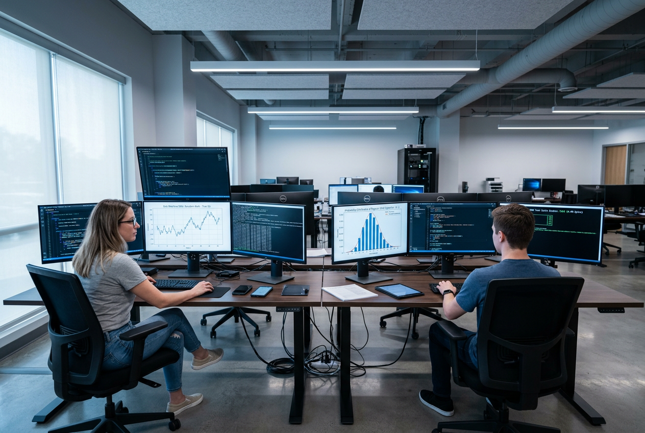 A professional testing environment with screens showing data analysis of casino games.