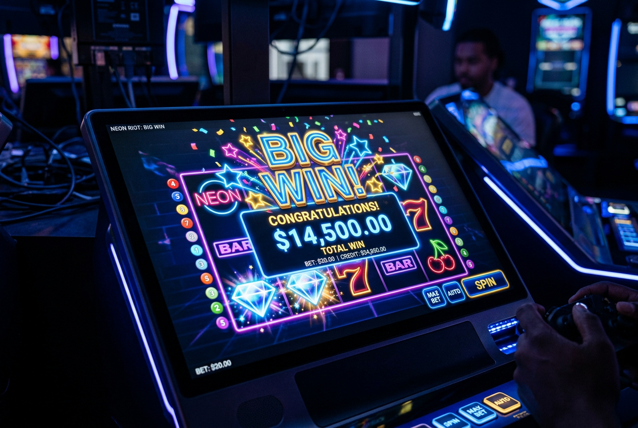 Close-up of a modern digital slot machine display showing high-quality graphics and winning symbols.