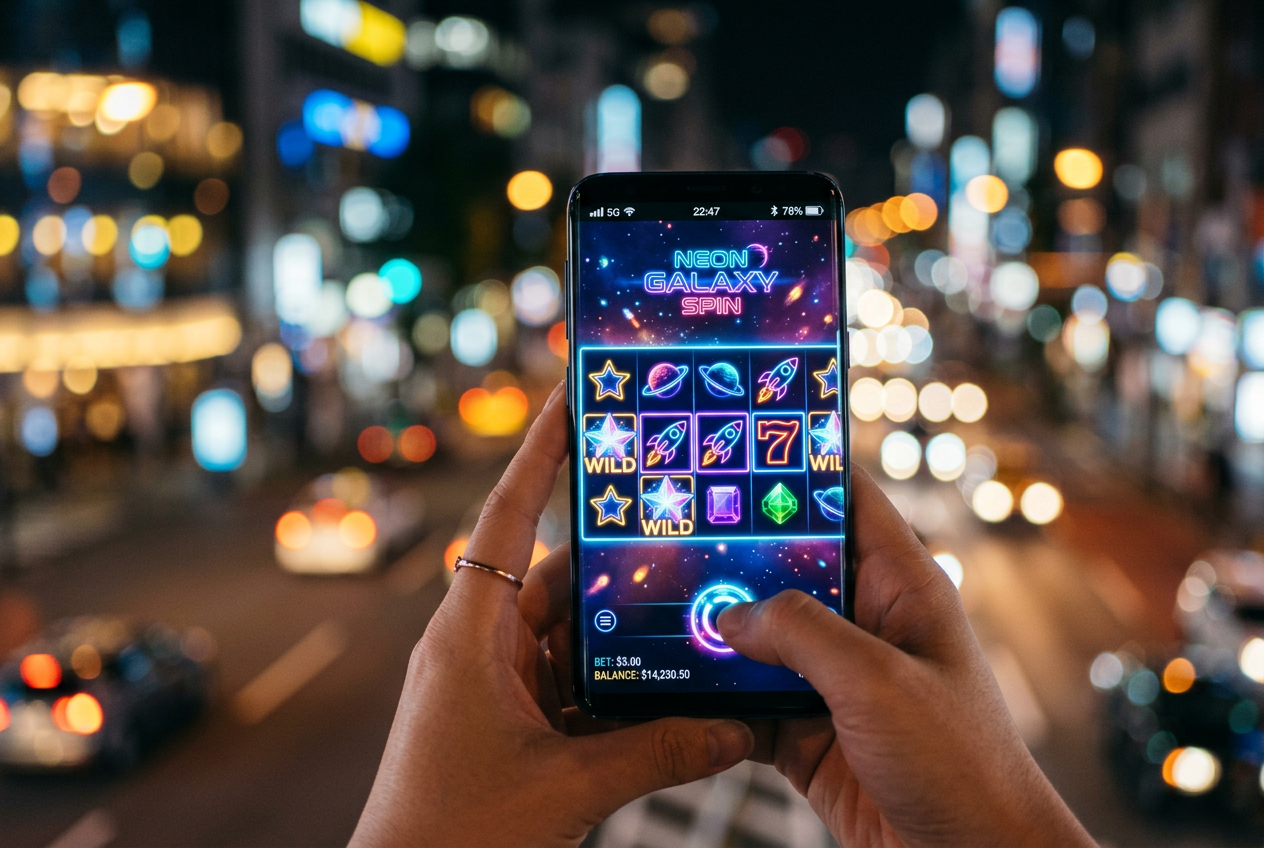 A person playing a high-tech slot game on a smartphone with a 5G connection indicator.