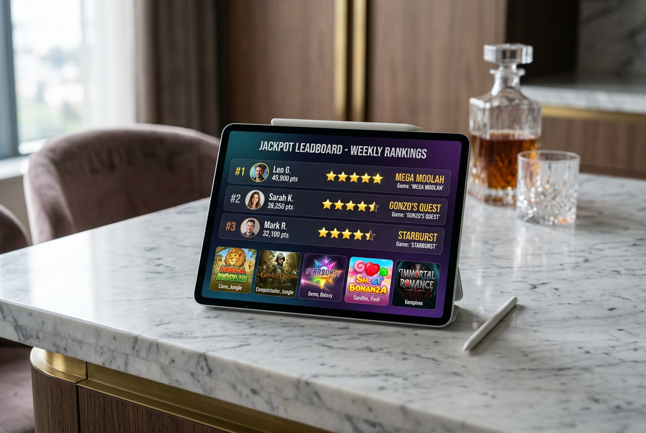 A sleek digital tablet displaying a premium casino ranking list with golden icons.