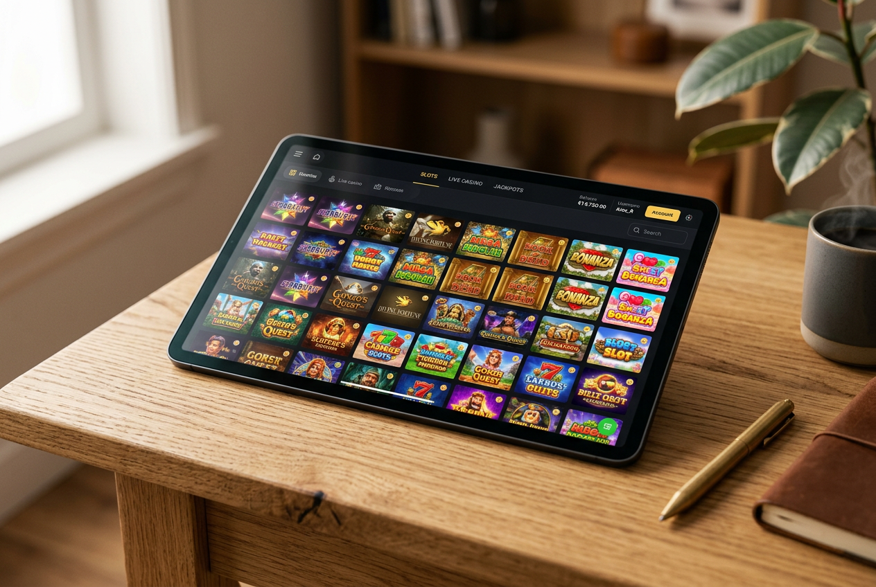 Nowoczesny tablet wyświetlający bogatą bibliotekę gier kasynowych.
