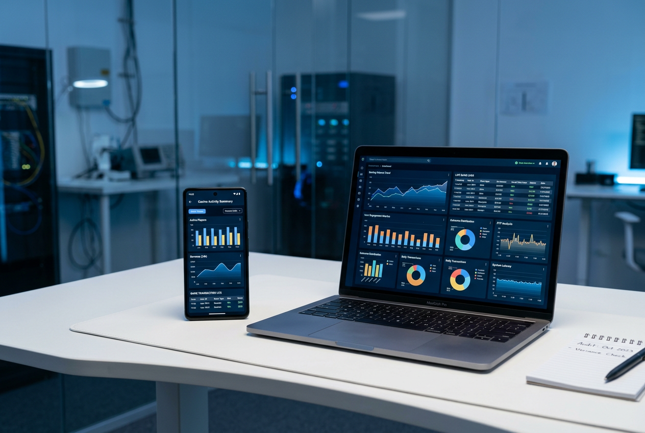 A smartphone next to a laptop displaying technical casino logs in a lab setting.