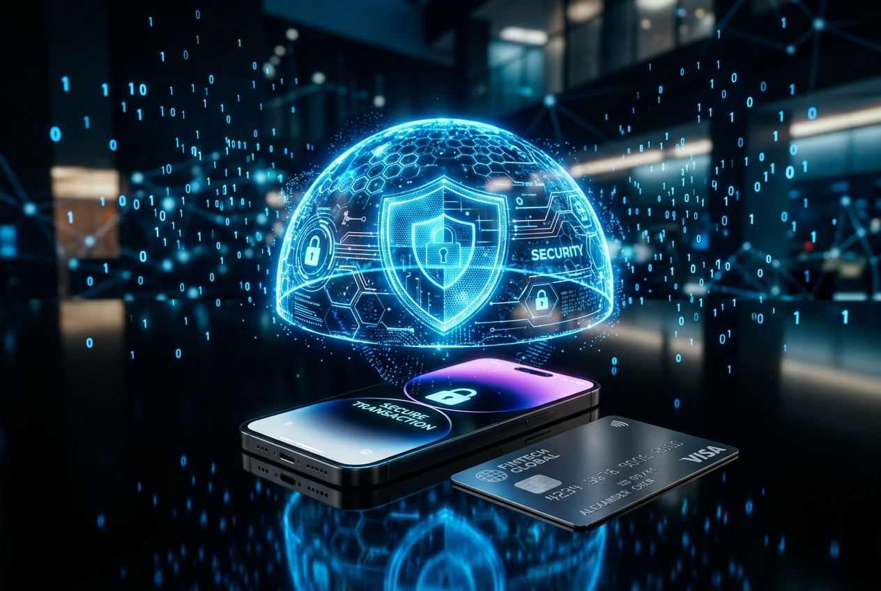 Digital shield projection over a smartphone and credit card, representing legal safety.