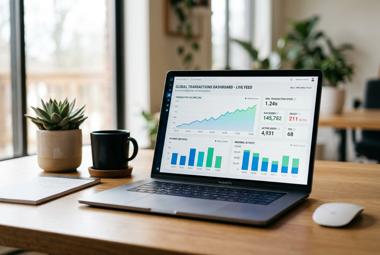 Digital analytics dashboard monitoring payment latency and success rates.
