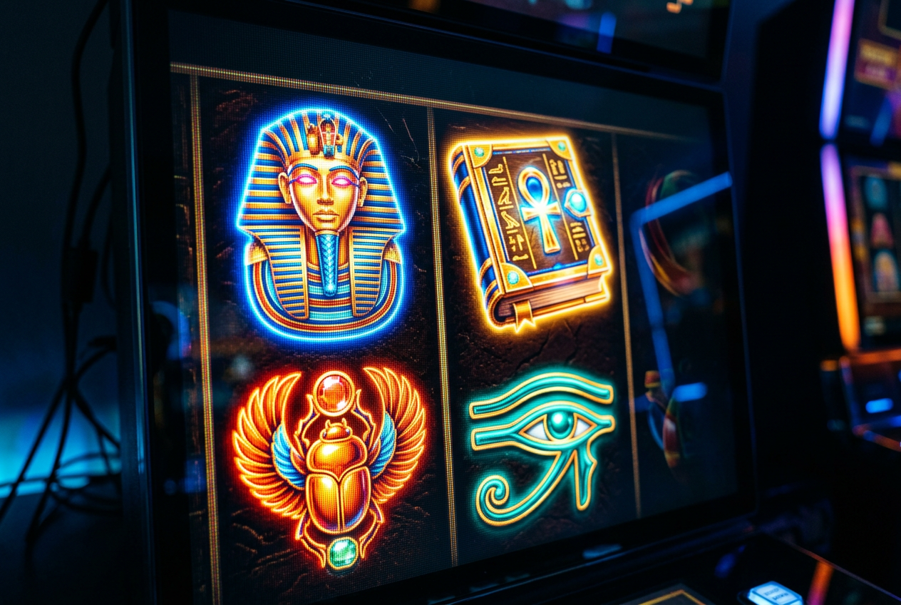 Modern digital slot machine graphics on a screen.
