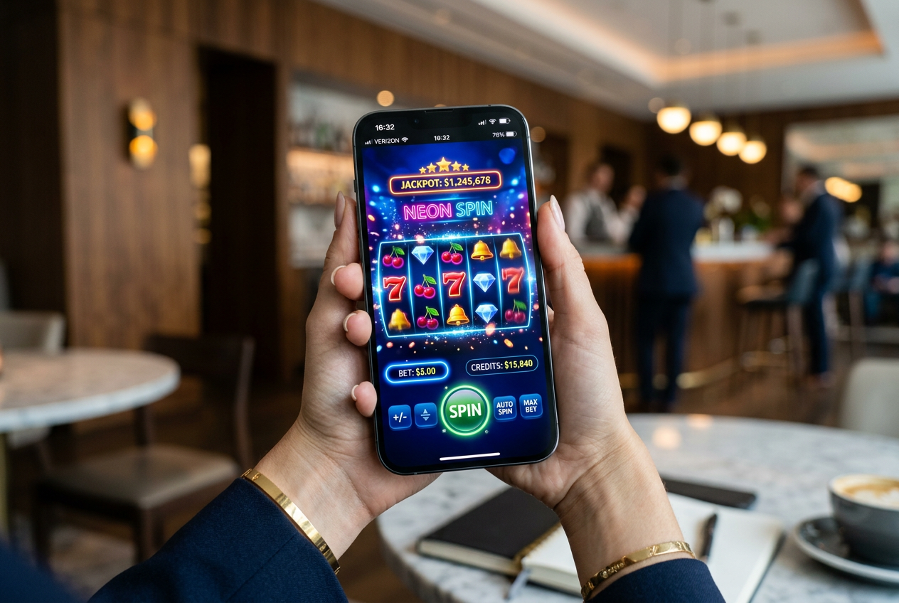 A modern smartphone showing a high-performance casino app interface.